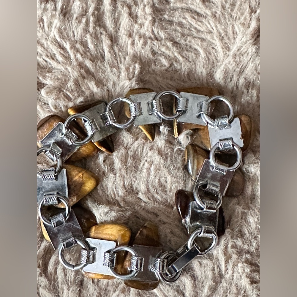 Vintage Tigers Eye Bracelet On A Linked Silver Tone Fold Over Clasp 0638 w - Picture 8 of 13